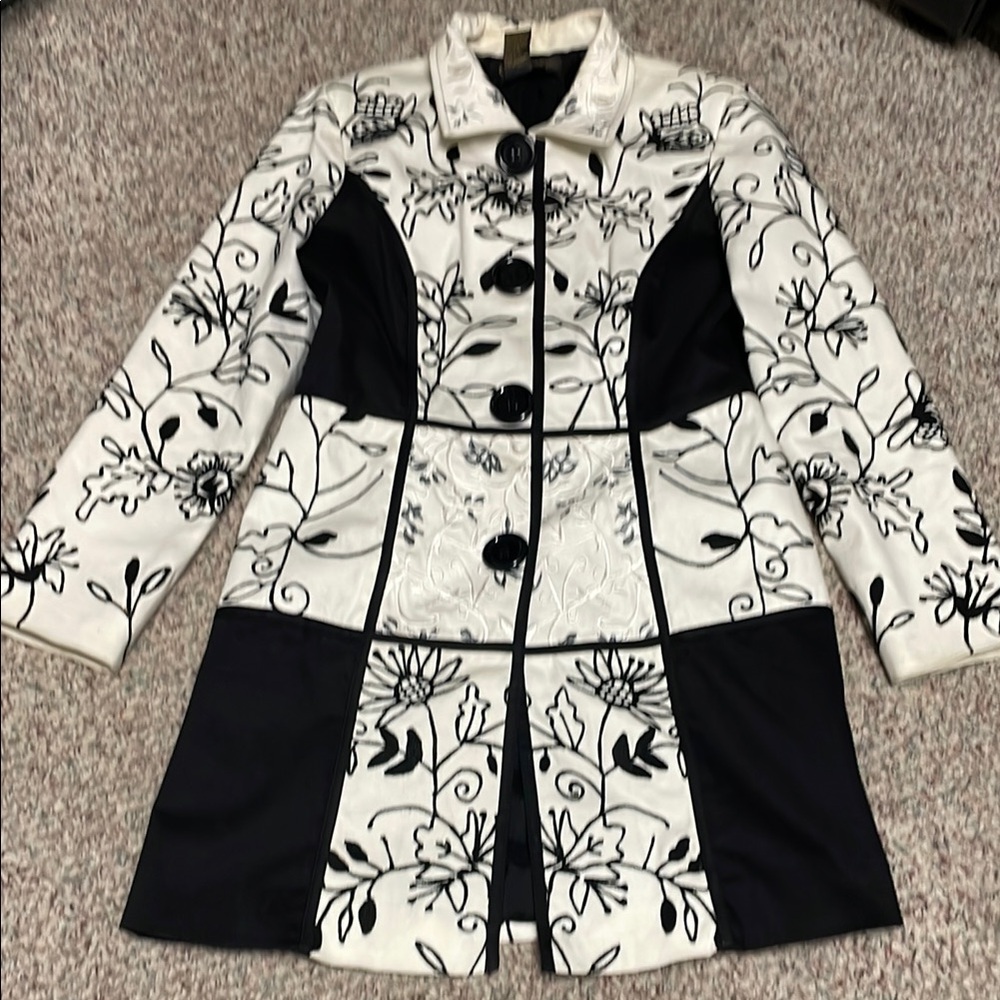 Floral Embroidered Black and White Women's Coat